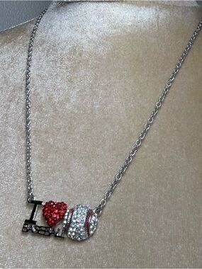 I Love Baseball Red clear rhinestones Necklace